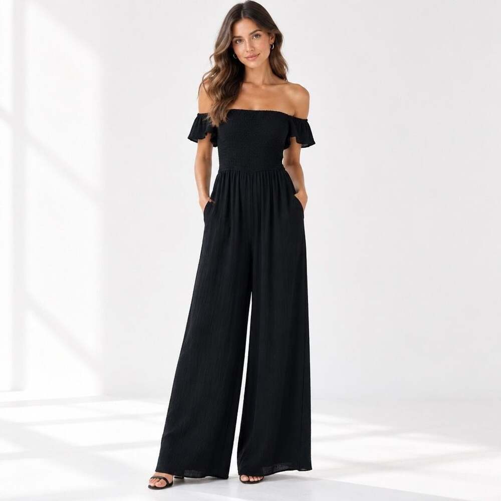 Japna Jumpsuit Size L Black Smocked Wide Leg Rayon